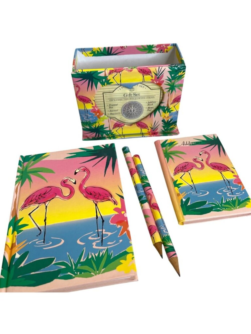Vintage Flamingo Stationery Desk Gift 7 Pc Set Office Storage Box Journal Pencil - Picture 3 of 14